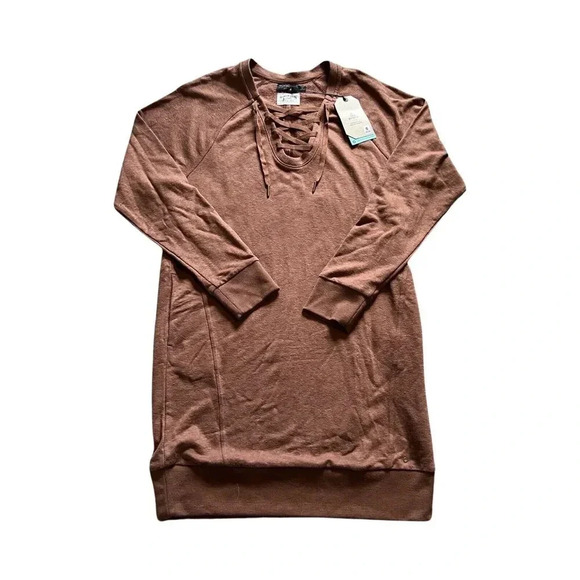 PrAna Cozy Up Teddy Size Large Brown Long Sleeve Shift Sweatshirt Dress - Picture 1 of 4